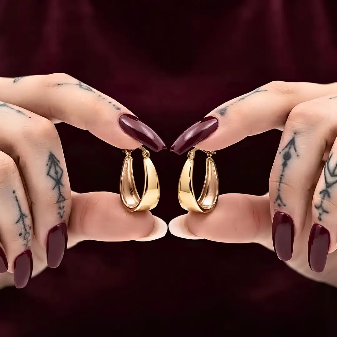 18K Gold Filled Teardrop Hoop Earrings – 20mm x 6mm Chunky Tapered Dome Hoops with Secure Latch Closure for Women